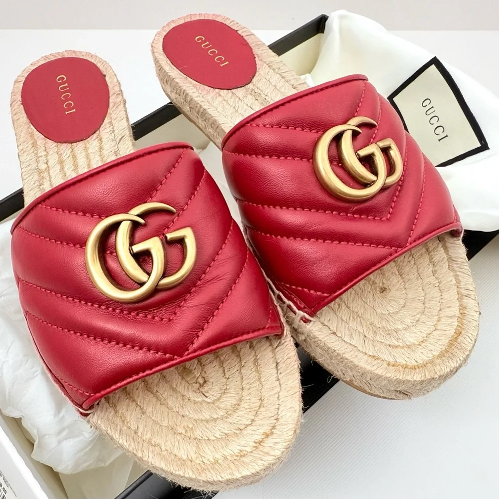 Gucci Charlotte Matelesse Espadrille Marmont Slide Sandal Hibiscus Red Leather 8